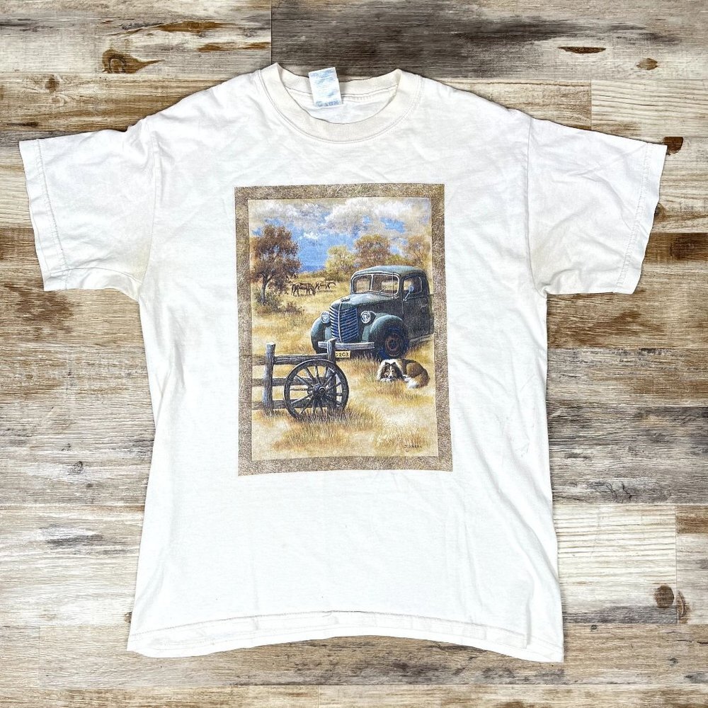 J. Gibson Farm Painting Collie and Truck 100% Cotton T-Shirt Size Medium